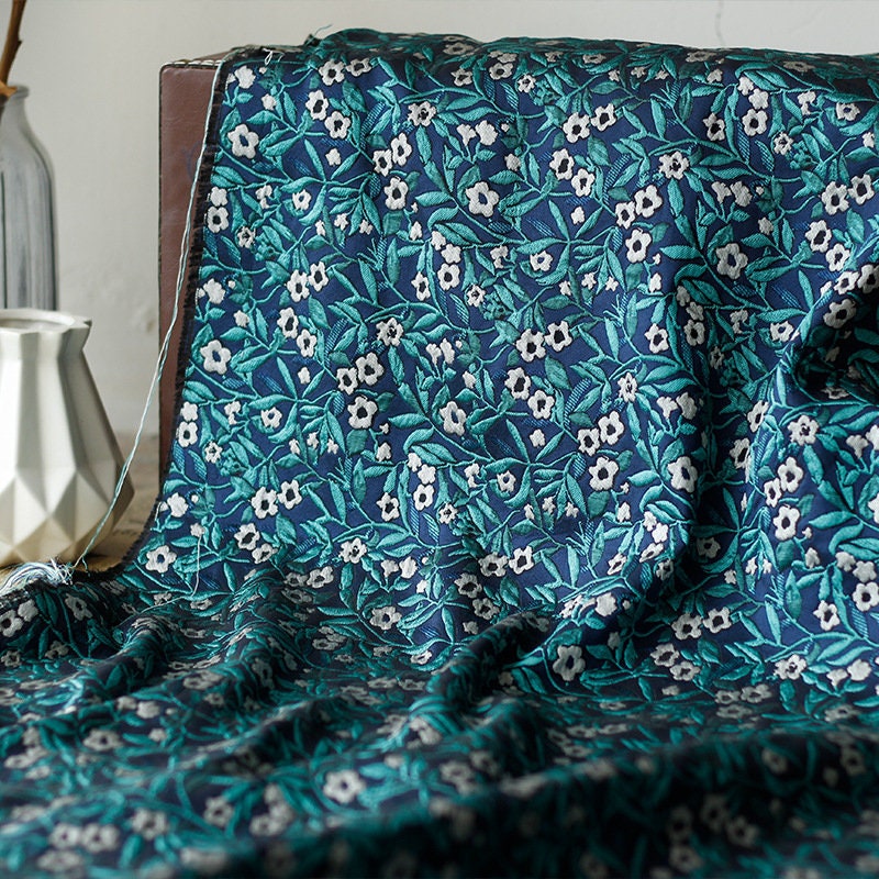 Azure Floral Jacquard Fabric: Reversible Metallic Embossed Upholstery, 64"W