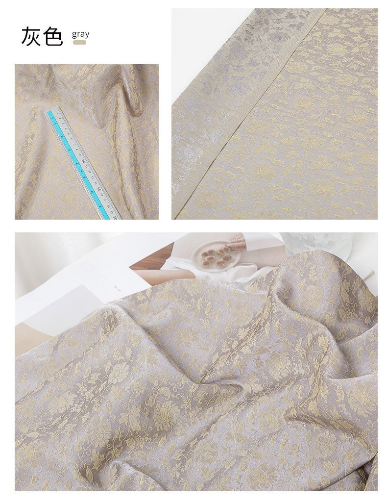 Tissu damassé jacquard pivoine paon : satin de soie thé, 150 cm de large