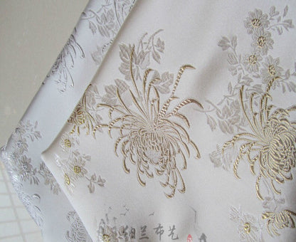 White Chrysanthemum Silk Brocade Fabric: Cheongsam Qipao Sewing Material (29.5"W)