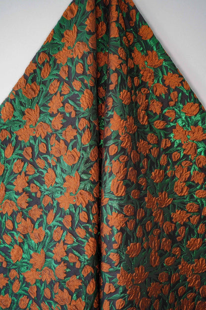 Orange Floral Jacquard Fabric: Gold Foil Upholstery & Sewing (56"W, 1 Meter)