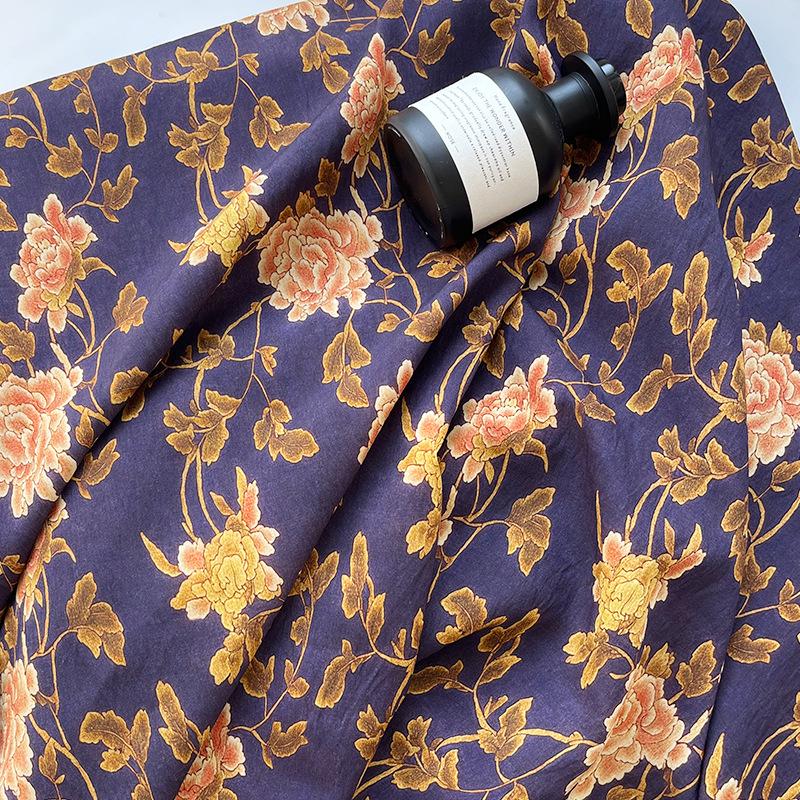 Tissu Tencel Ramie : imprimé pivoine métallisée, 150 cm de large, vendu au mètre