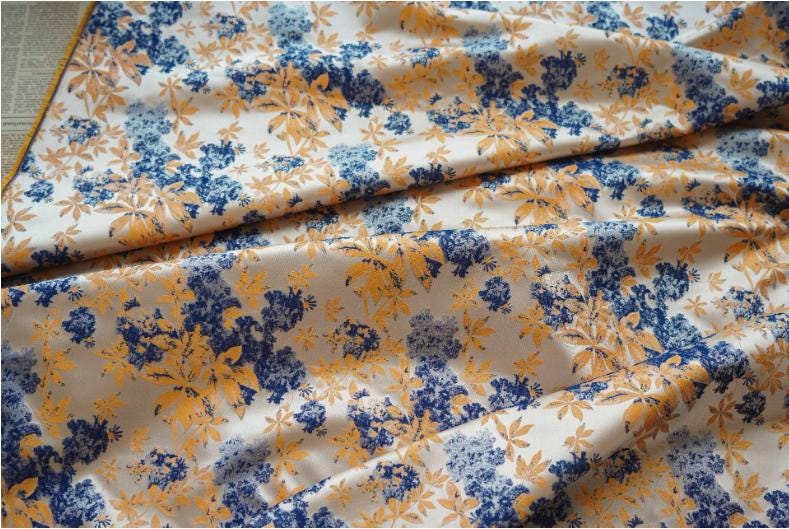 Floral Jacquard Fabric: Oil Painting Style, Blue & Gold, 59" Wide
