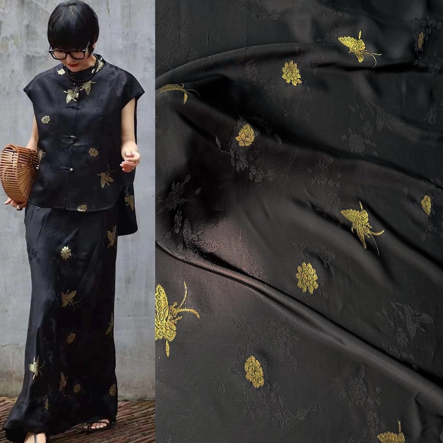Gold Butterfly Jacquard Damask Fabric: 100% Rayon, 59" Wide