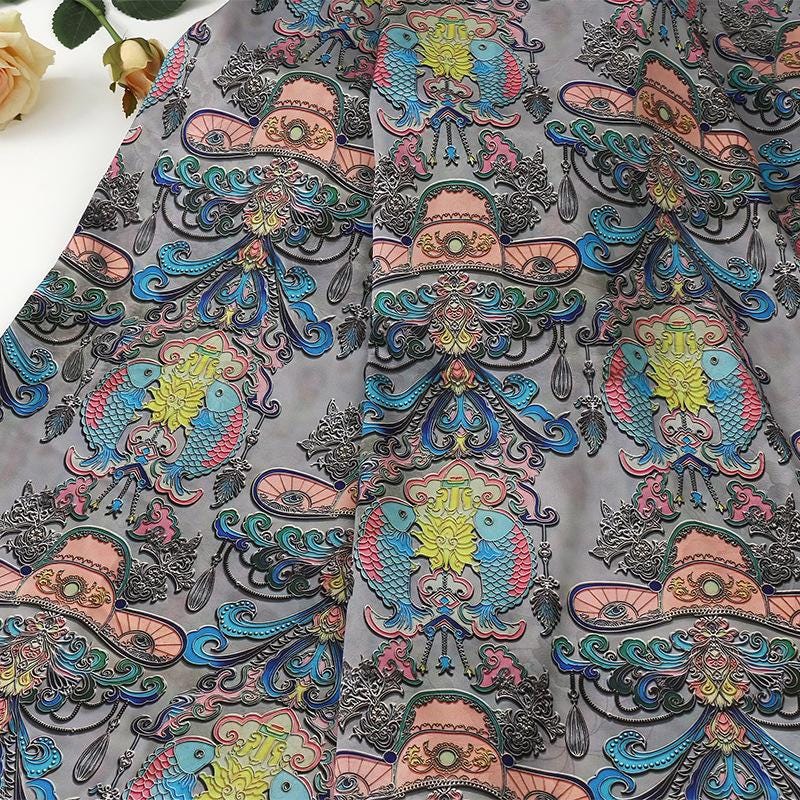 Ancient Painting Tea Silk Satin Fabric: 59"W Digital Print Upholstery