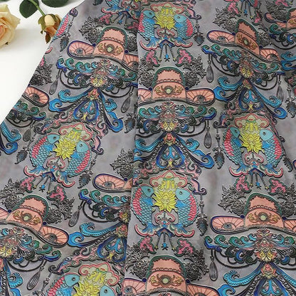 Ancient Painting Tea Silk Satin Fabric: 59"W Digital Print Upholstery
