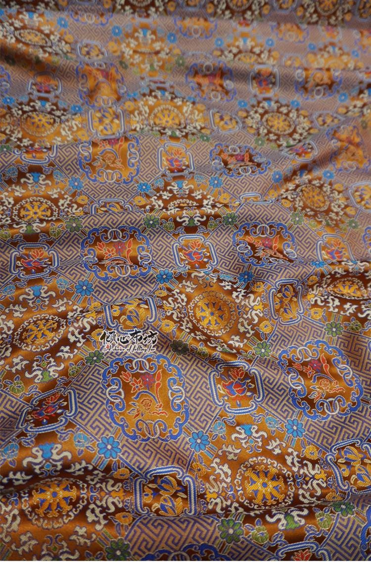 Caramel Brocade Fabric: Chinese Jacquard Weave Silk Satin (29.5" Wide)