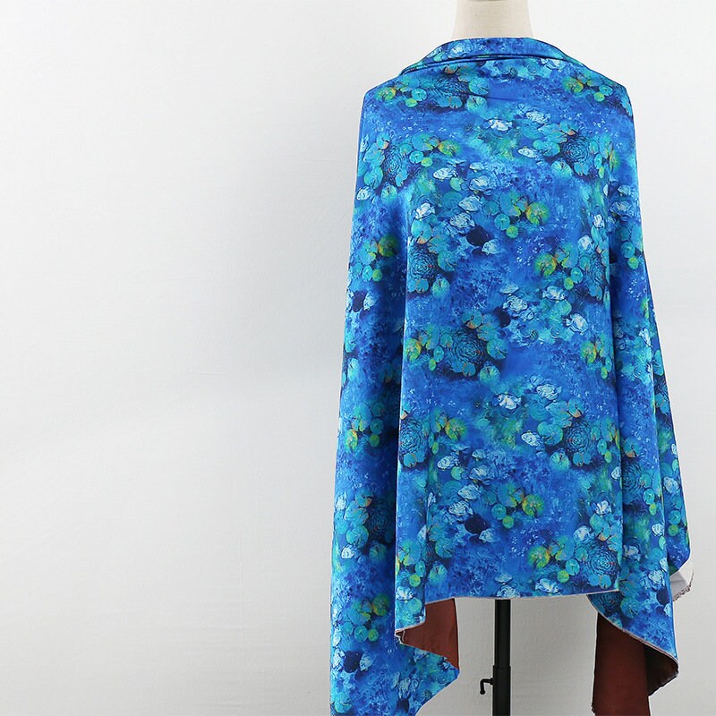 Blue Floral Silk Satin Fabric: 59"W Digital Print for Sewing & Decor