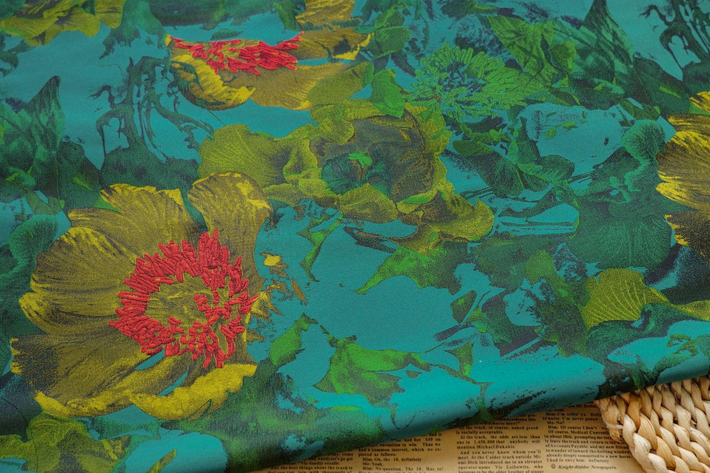 Green Floral Jacquard Fabric: 64"W Polyester Upholstery & Drapery