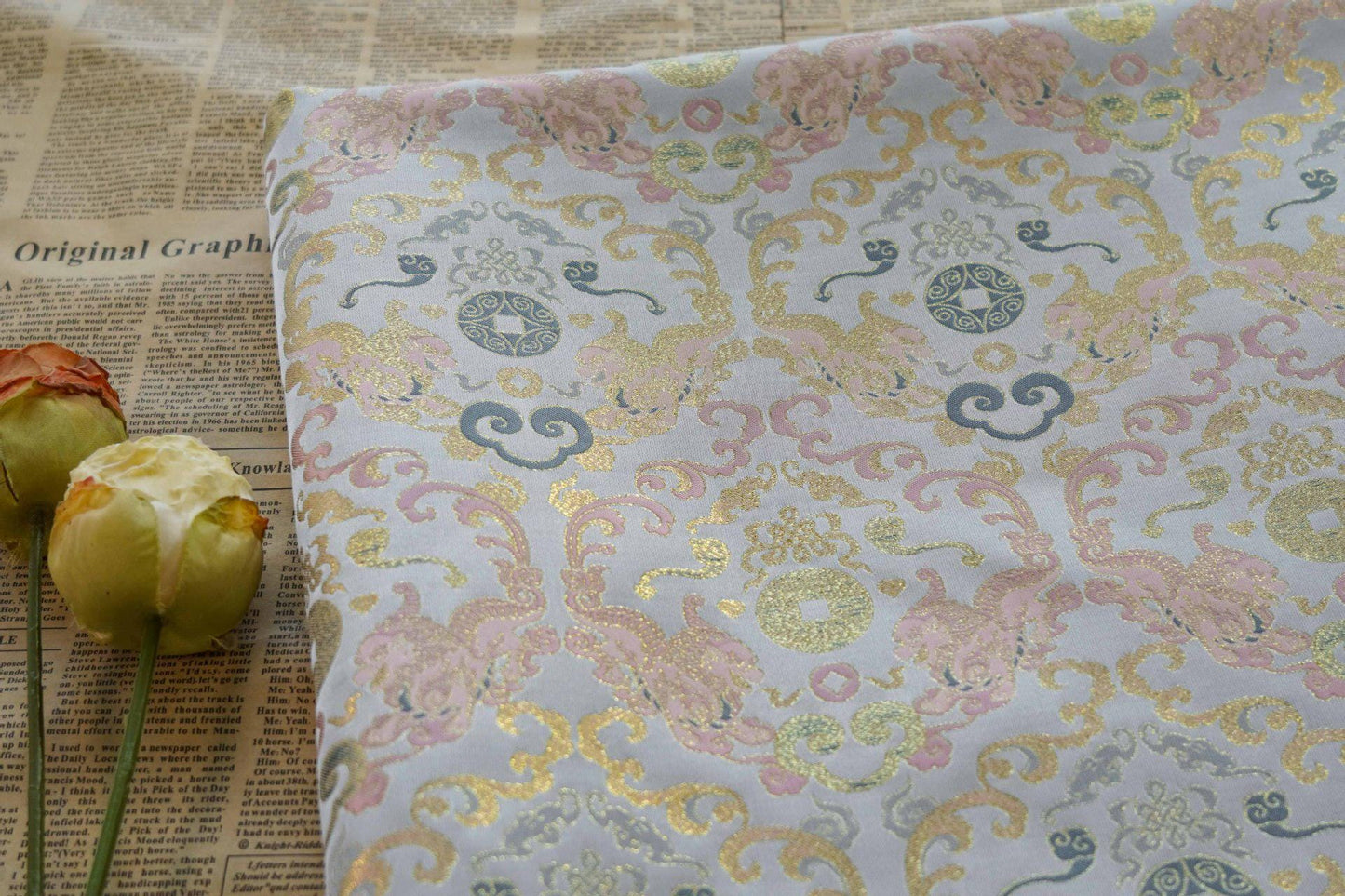 Gold Thread Brocade Fabric: Mongolian Tibetan Style, 59" Wide
