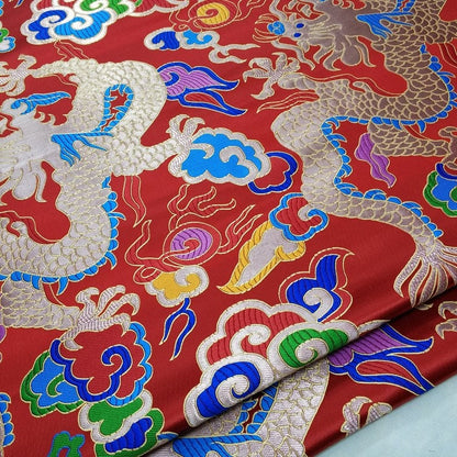 Red Dragon Brocade Fabric: Chinese Wedding Cheongsam Tapestry (27.5"W)