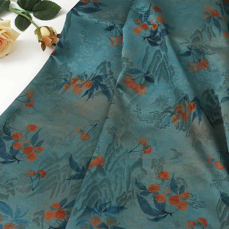 Thousand Miles Rivers Mountains Tea Silk Satin Fabric: 59"W Upholstery, Costume, Drapery