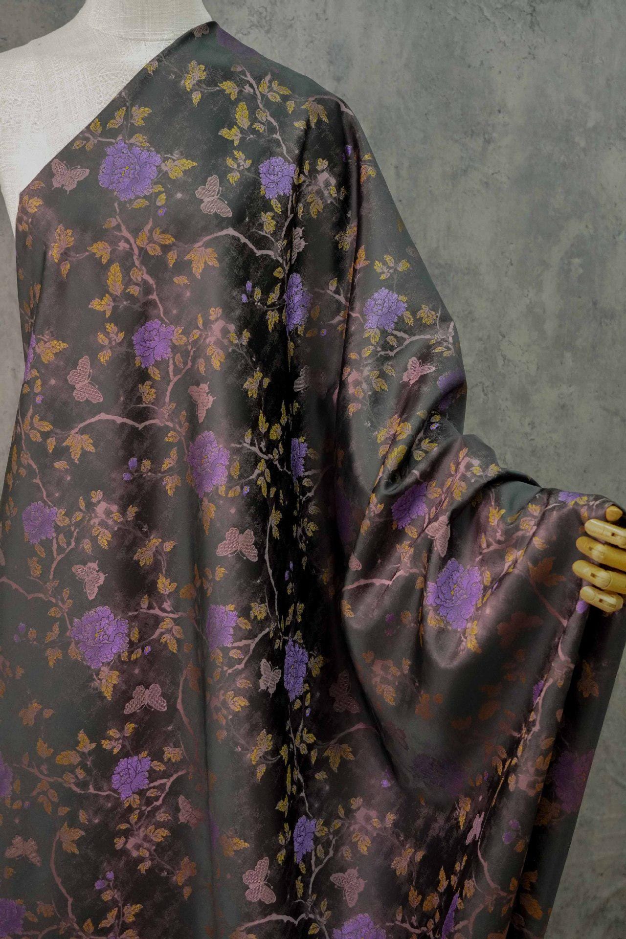 Gold Thread Jacquard Fabric: Retro Butterfly Floral Upholstery, 56"W