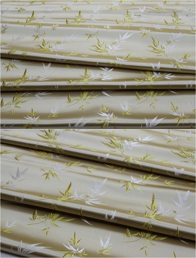Light Gold Silk Brocade Fabric: Bamboo Leaves & Flowers
