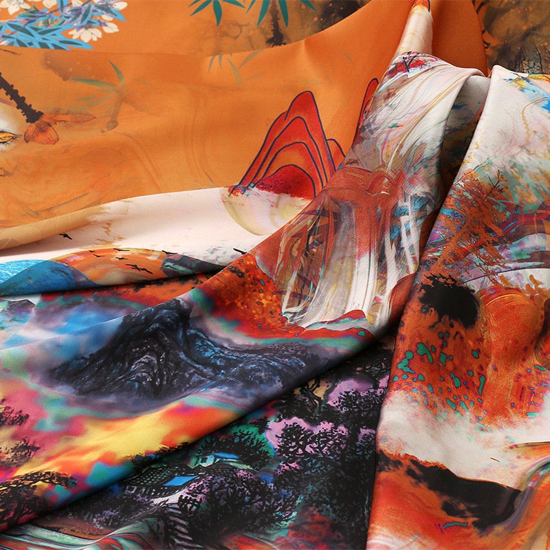 Ancient Painting Tea Silk Satin Fabric: Digital Print Upholstery, Costume, DIY - 59"W