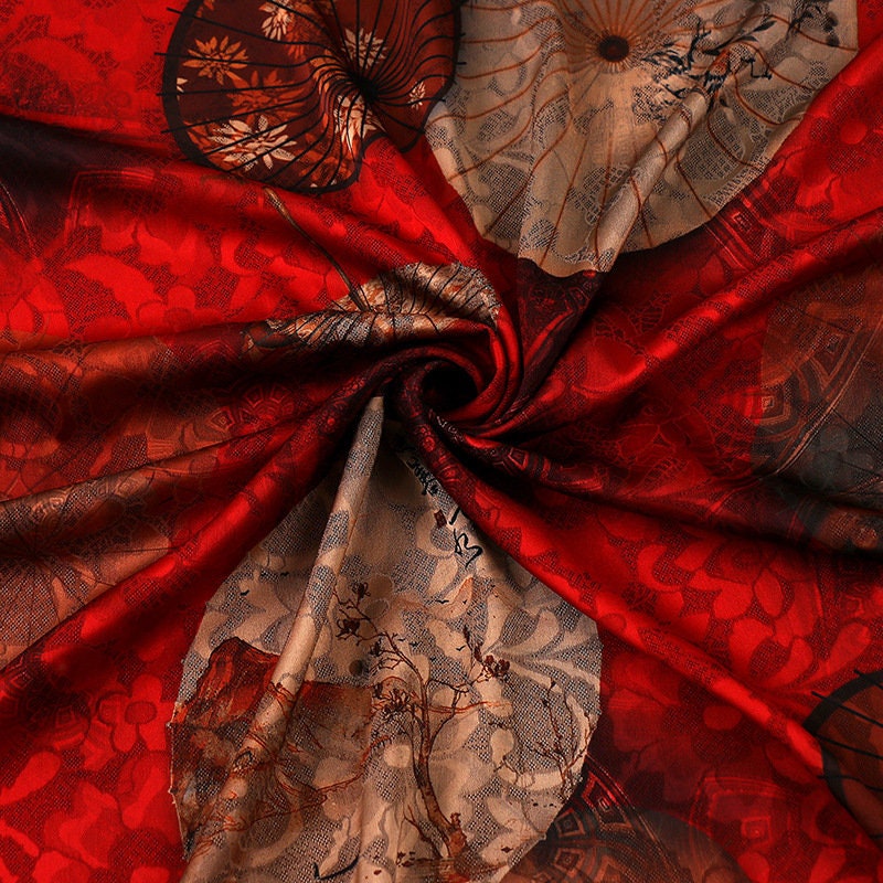 Umbrella Print Silk Damask Fabric - 59" Wide - Red & Beige
