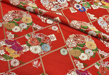 Nishijin Japanese Floral Brocade Fabric: Red Silk Rayon Jacquard