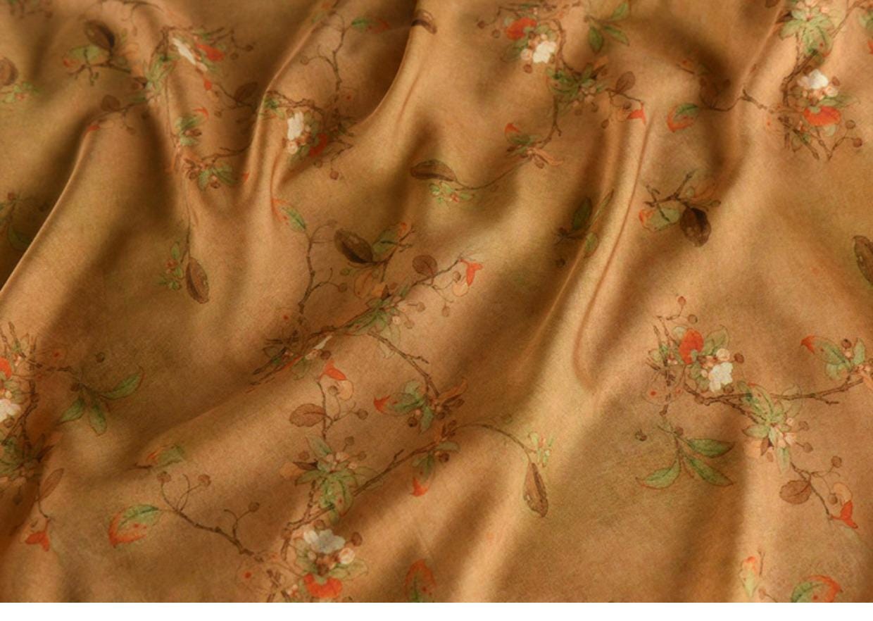 Tissu en coton à motif floral : style peinture à l’encre de Chine, 140 cm de large