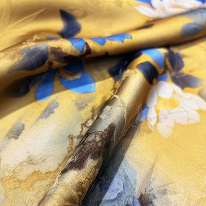 Gold & Blue Floral Tea Silk Satin Fabric: 55"W Digital Print