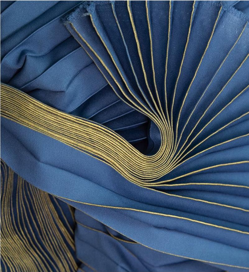 Ocean Blue Foil Pleated Fabric: Hand-Pressed Crepe Designer Material