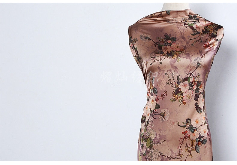 Peony Floral Silk Damask Fabric - 59"W Digital Print