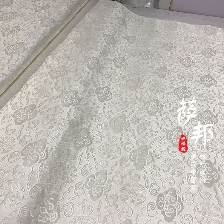 White Silk Brocade Fabric: Metallic Traditional Pattern, Upholstery & Sewing, By The Meter