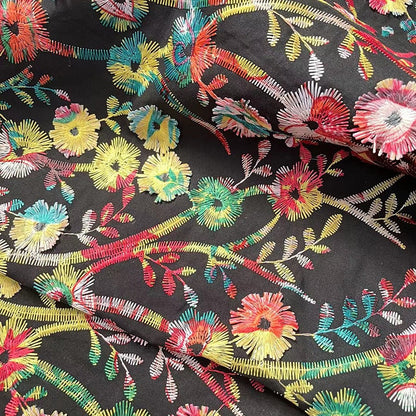 Floral Embroidery Fabric: Multicolor 3D Flowers, 100% Cotton (58"W)