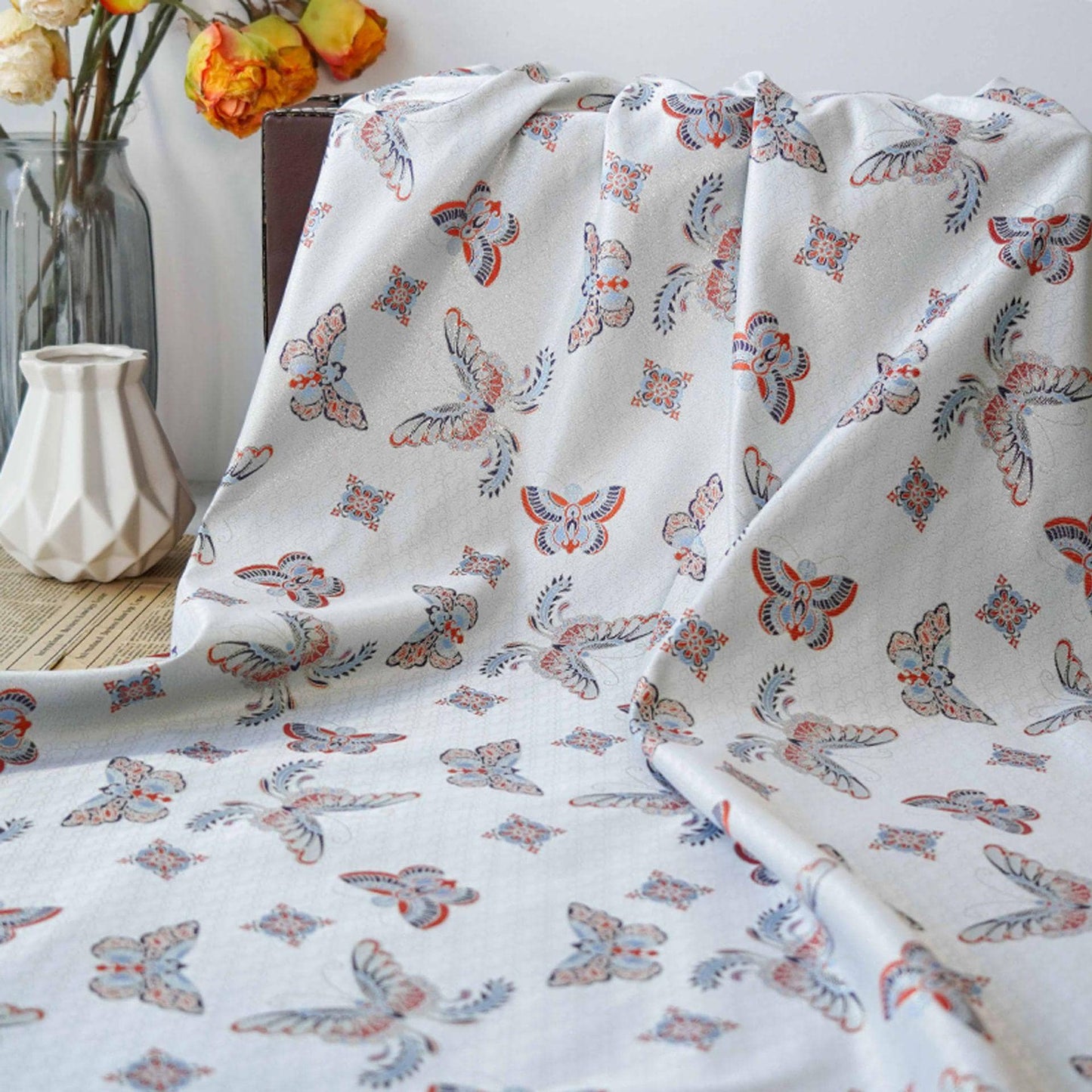 Butterfly Jacquard Fabric: Embossed Foil Rayon Blend, 62"W