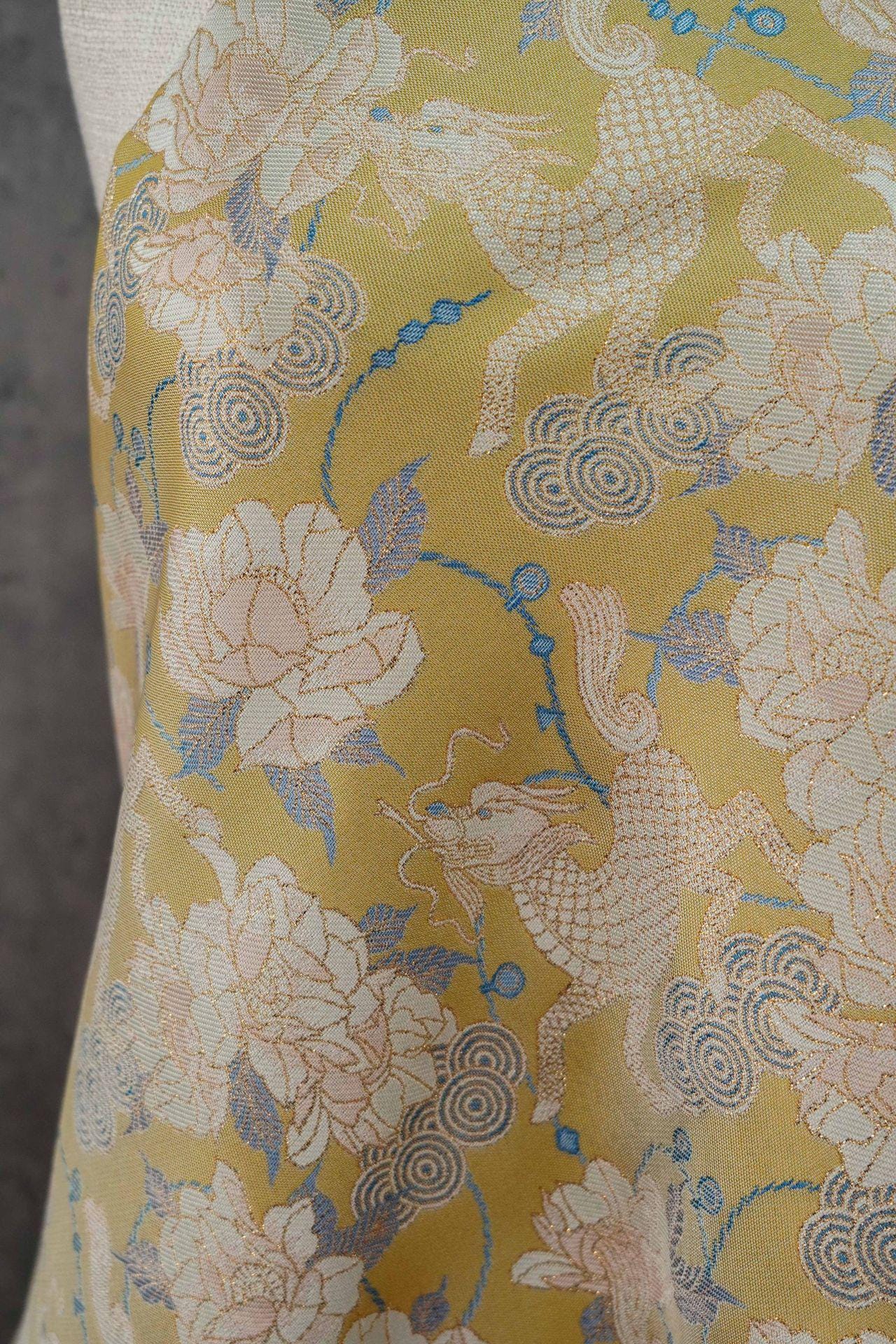 Luxury Song Brocade Jacquard Fabric with Kirin and Peony Gold Pattern, 58" Wide