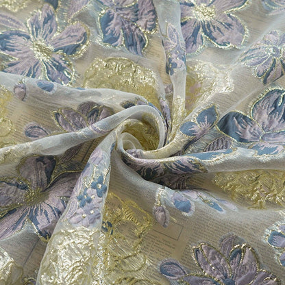 Blue & Gold Floral Organza Jacquard Fabric - 56" Wide