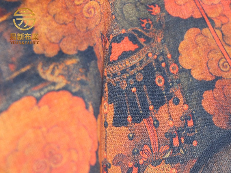 Dunhuang Lotus Linen Fabric: Auspicious Clouds Retro Print, 55"W