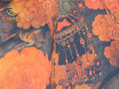 Dunhuang Lotus Linen Fabric: Auspicious Clouds Retro Print, 55"W