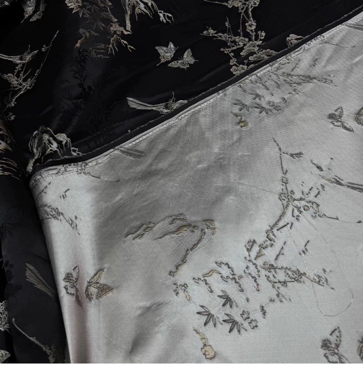 Silk Brocade Fabric: 59"W Magpie Bamboo Print