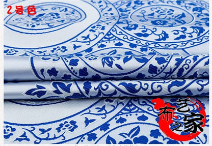 Blue & White Floral Jacquard Damask Fabric - 29.5"W Rayon Sewing Material