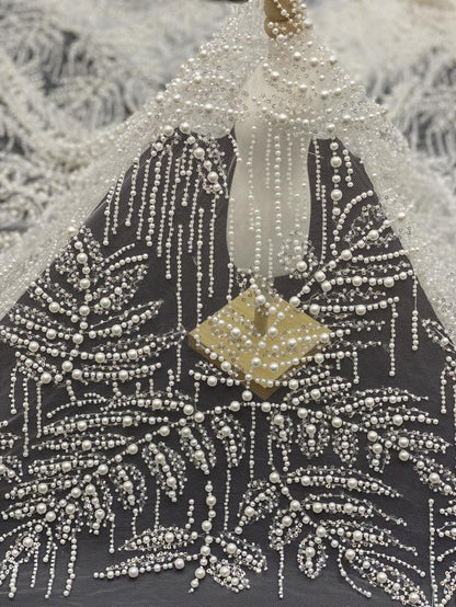 Luxury Beaded & Sequin Embroidered Fabric ��� 4/6/8mm Pearls, Bridal Material, Wedding Dress, Prom, Couture Sewing, High-End Fashi"W