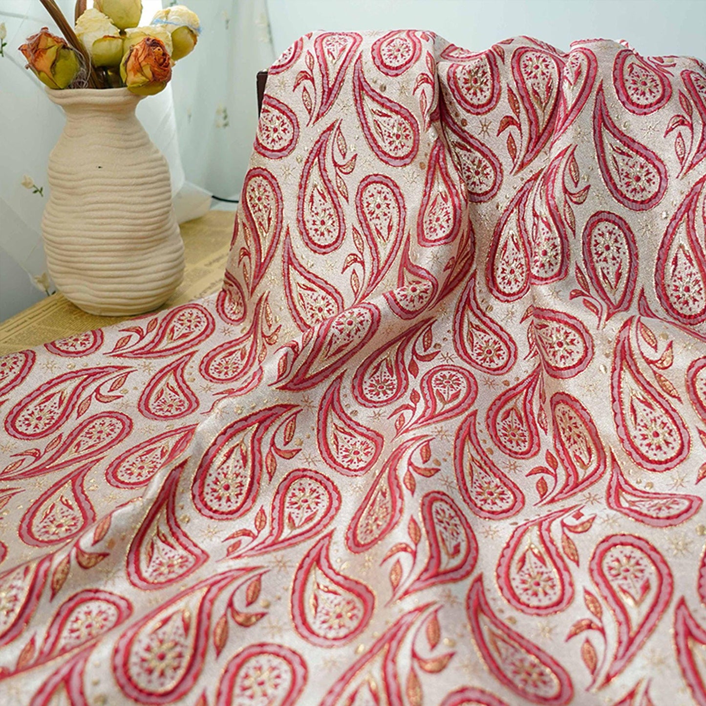 Gold Thread Jacquard Fabric: 3D Cashew Flower Upholstery, Sewing - 55"W