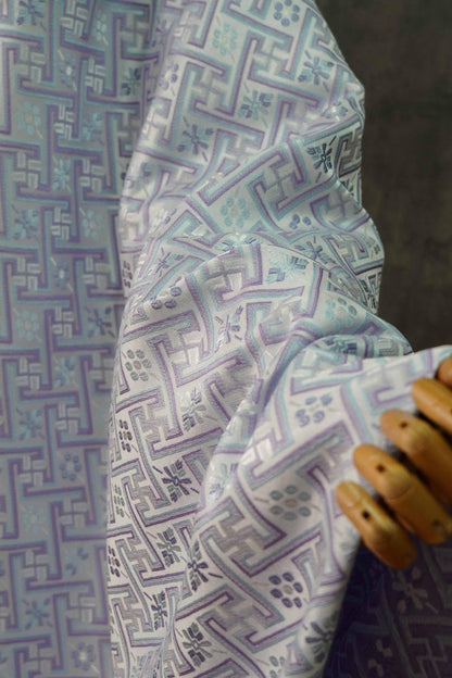 Tissu damassé jacquard Wanji : revêtement d’ameublement japonais violet et bleu, 147 cm de large
