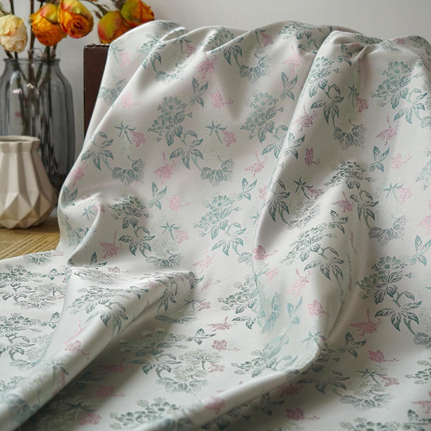 Floral Jacquard Fabric With Gold Thread: 60" Wide, Upholstery & Drapery