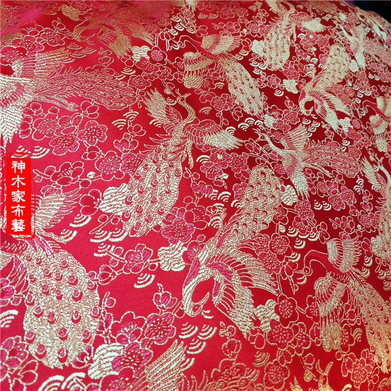 Red & Gold Phoenix Brocade Fabric: 59"W Jacquard Satin