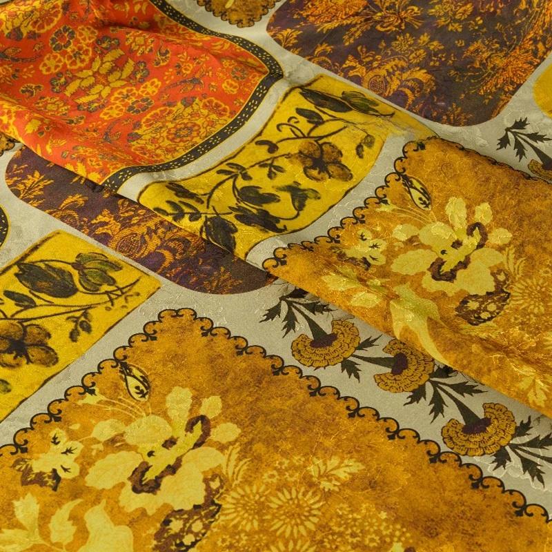 Ancient Dunhuang Tea Silk Satin Fabric: Floral Print, 59" Wide