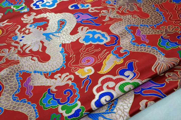 Red Dragon Brocade Fabric: Chinese Wedding Cheongsam Tapestry (27.5"W)