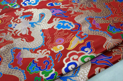 Red Dragon Brocade Fabric: Chinese Wedding Cheongsam Tapestry (27.5"W)