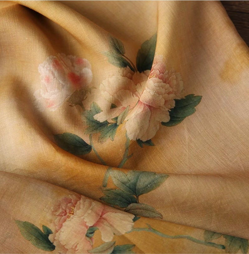 Floral Ramie Fabric: Dunhuang Ink Painting, Natural Fiber (57"W)