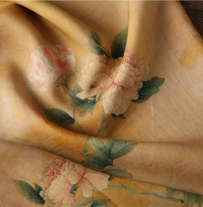 Floral Ramie Fabric: Dunhuang Ink Painting, Natural Fiber (57"W)