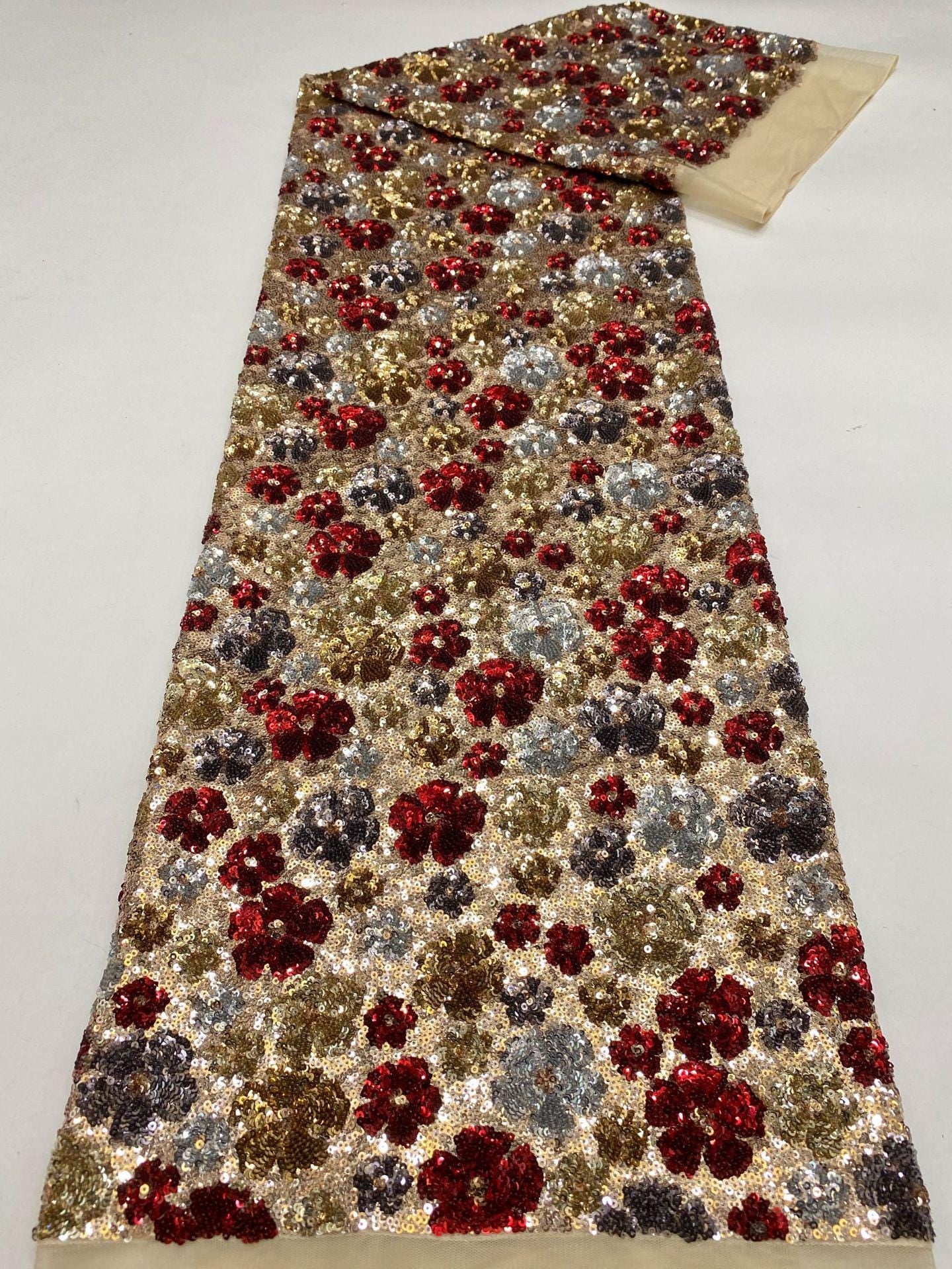 Floral Sequin Embroidery Fabric: Gold Thread Decorative Textile, 49 inches