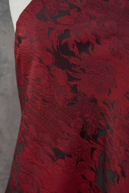 Luxurious Vintage Dark Red 3D Floral Woven Jacquard Fabric, 58"Wide