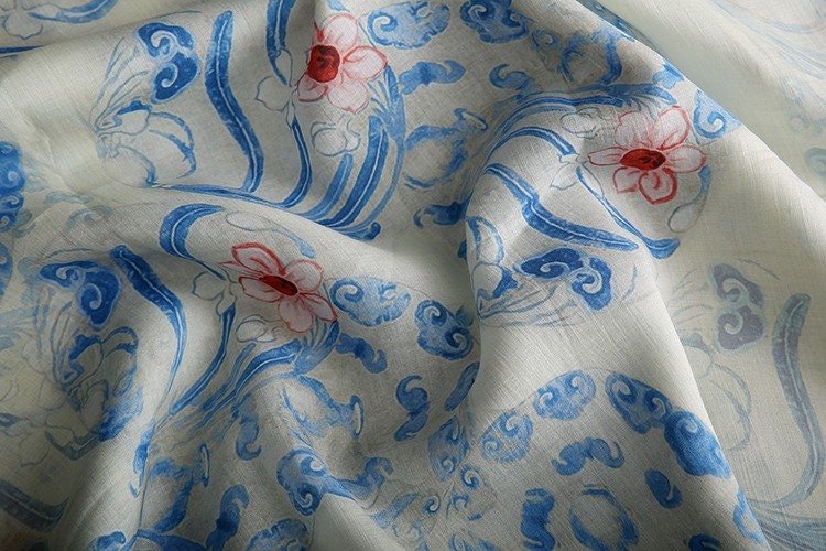 Buddha Cloud Print Ramie Fabric: Natural Fiber, 57" Wide - Poppylollipop
