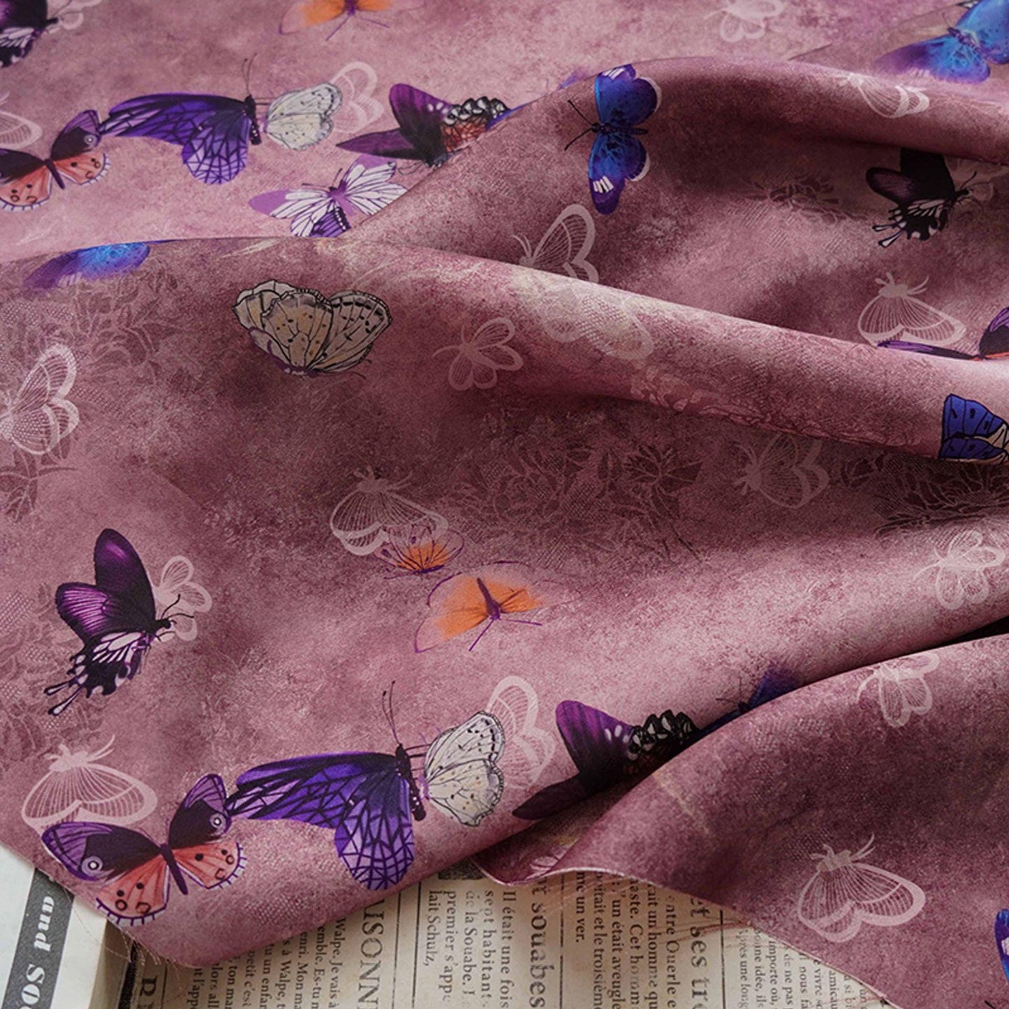 Butterfly Flower Tea Silk Satin Fabric: Digital Print, 55" Wide