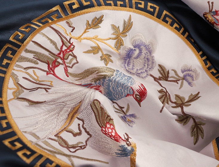 Embroidered Bird Brocade Fabric: Asian Style Cushion Cover, Upholstery (50x60cm)