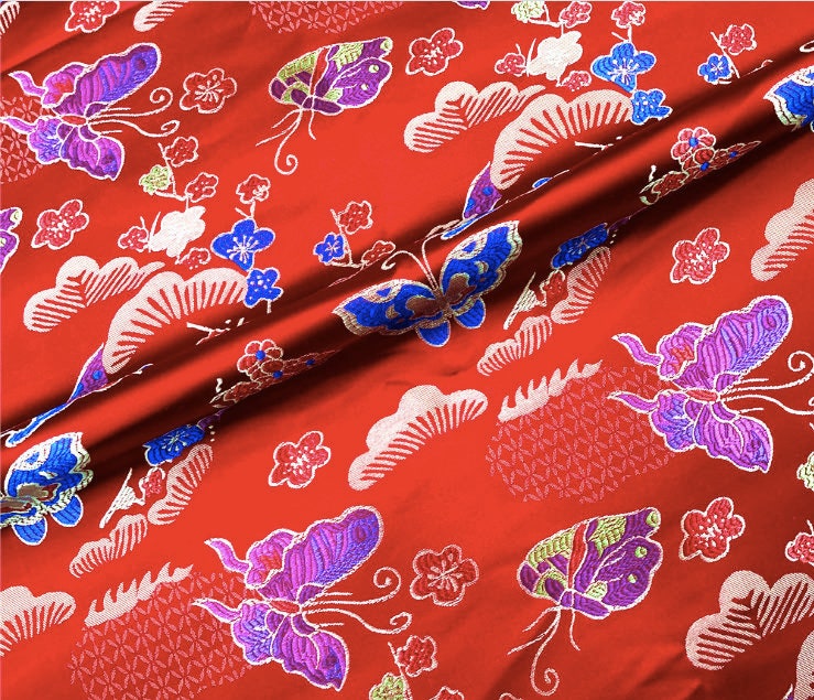 Tissu brocart papillon : jacquard satin rouge, tissu pour robes d'enfants