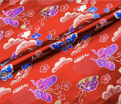 Tissu brocart papillon : jacquard satin rouge, tissu pour robes d'enfants